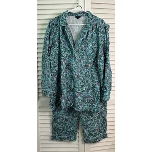 Talbots Plus Size 2X Blue Floral Flannel 100% Cotton Pajama Set